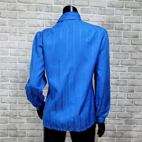 Vintage 70s Jonquil Womens Bright Blue Sheer Side Button Scarf Tie Collar Blouse - Picture 6 of 8